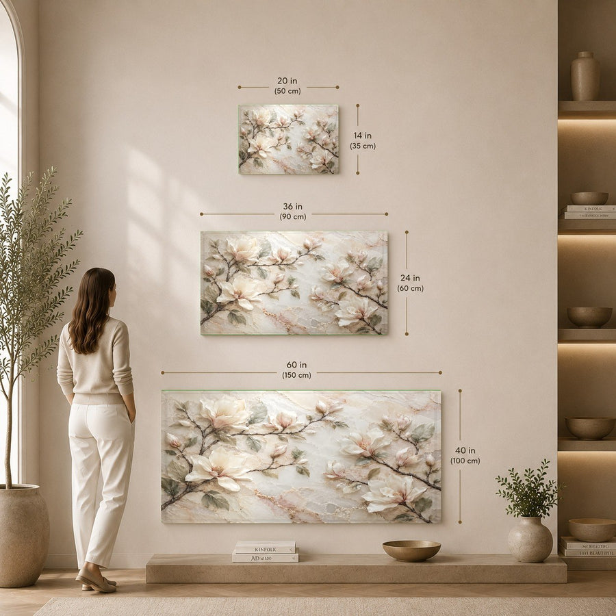 Vertical shot of Magnolia Marble Glass Wall Art in a chic hallway interior design