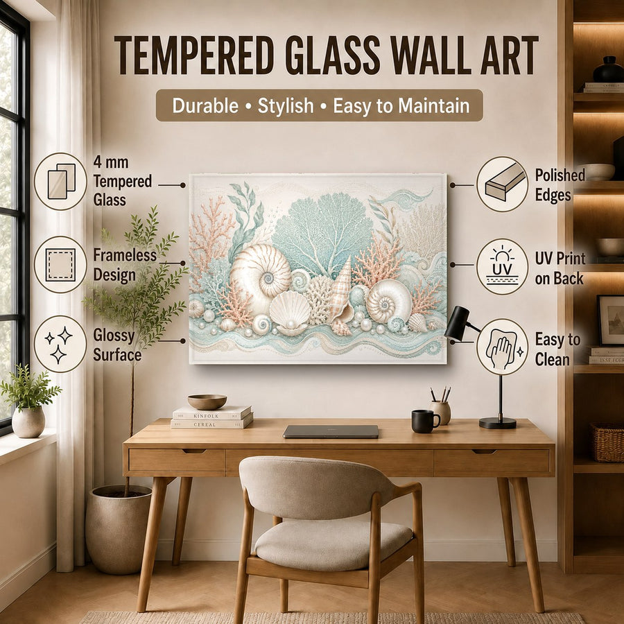 Coastal office space with Coastal Shell Glass Wall Art behind a wooden desk