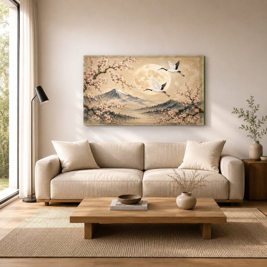 Zen-style moon cranes wall decor mounted on a dark accent wall in a luxury spa waiting room.