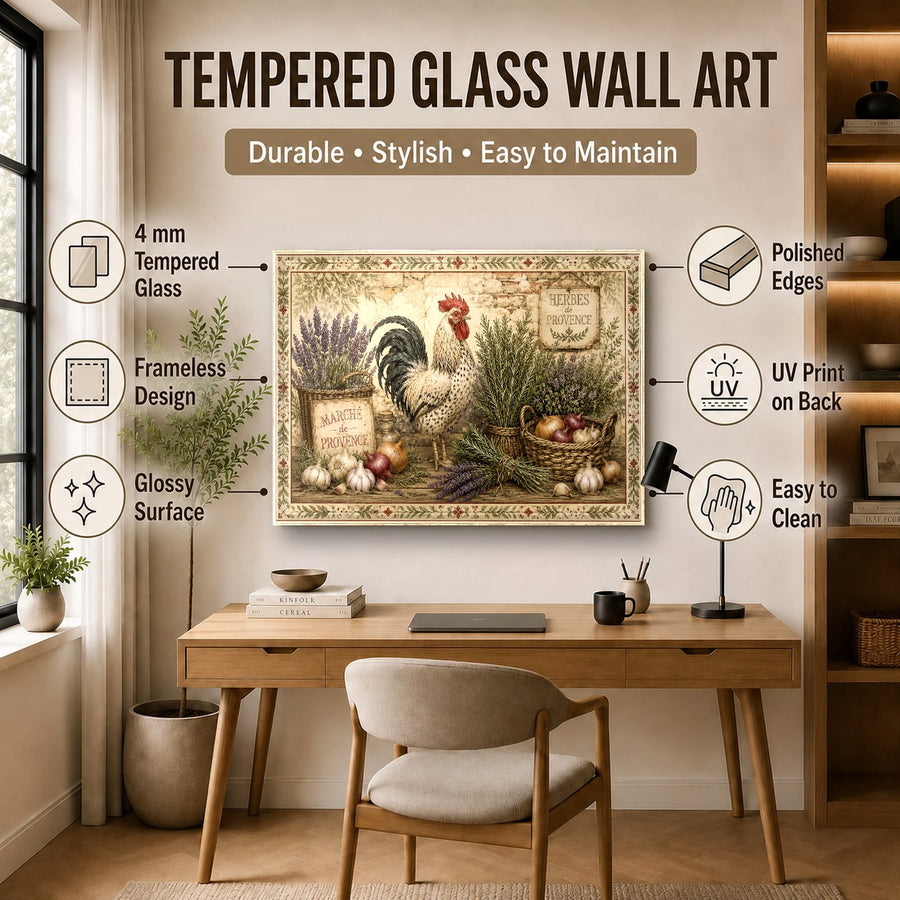 Large tempered glass rooster art showcased in a transitional style dining area