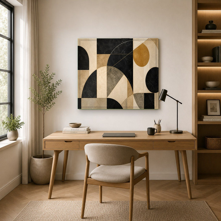 High-gloss abstract geometric glass print illuminating a bright, sunlit hallway in an upscale apartment.