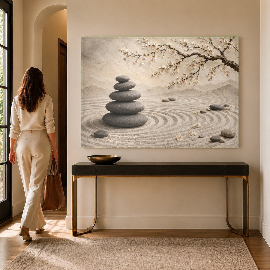 Tranquil cherry blossom tempered glass print mounted over a king-sized bed with neutral linen bedding.