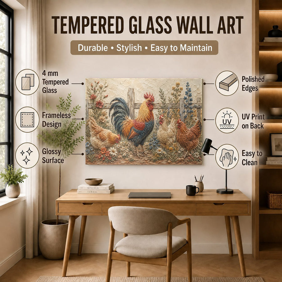 Rooster glass wall hanging featured in a modern rustic open-concept home