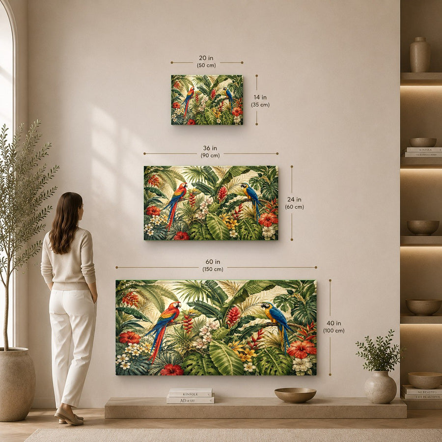 Colorful parrot glass print showcased in a bright hotel lobby seating area design