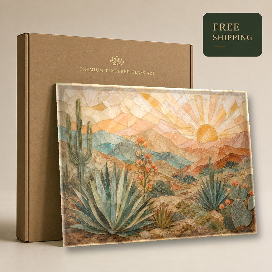 Spa waiting room decorated with a calming Western Sunrise Glass Wall Art piece to create a serene ambiance