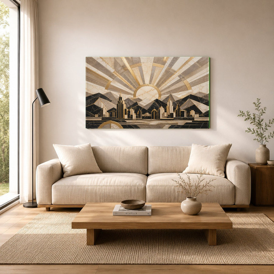 Close-up of the glossy, scratch-resistant surface of the Deco Horizon tempered glass art.