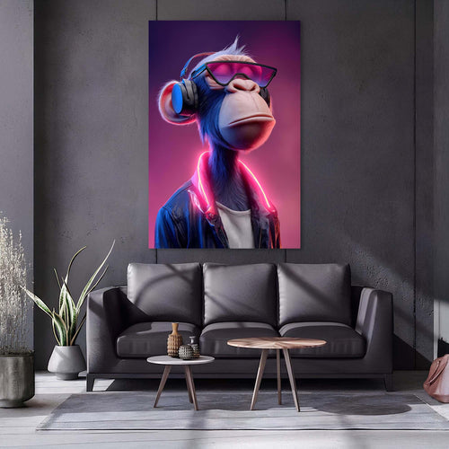 Animated monkey character with sunglasses and neon lights on a purple background