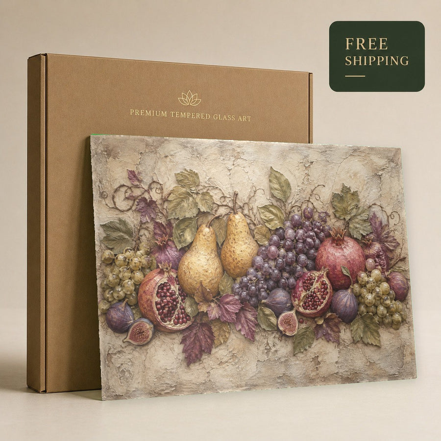 Fresh fruit wall art hanging in a sunlit open concept living space