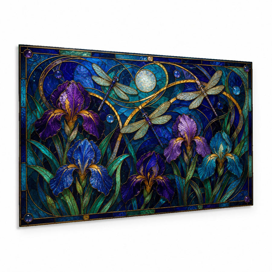 Iris Flight glass wall art hanging above a cream-colored sofa in a modern, bright living room.