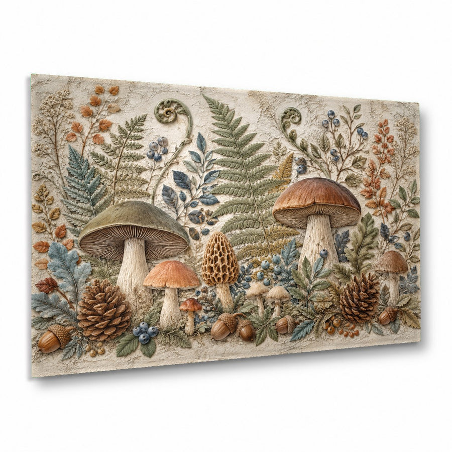 Whimsical Mushroom Garden glass wall art hanging over a cozy green sofa in a modern rustic living room.