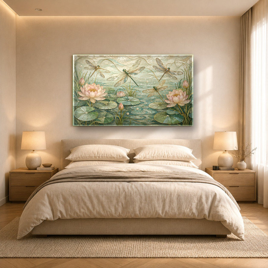 An elegant dining room showcase with golden dragonfly glass art catching natural light from a nearby window.