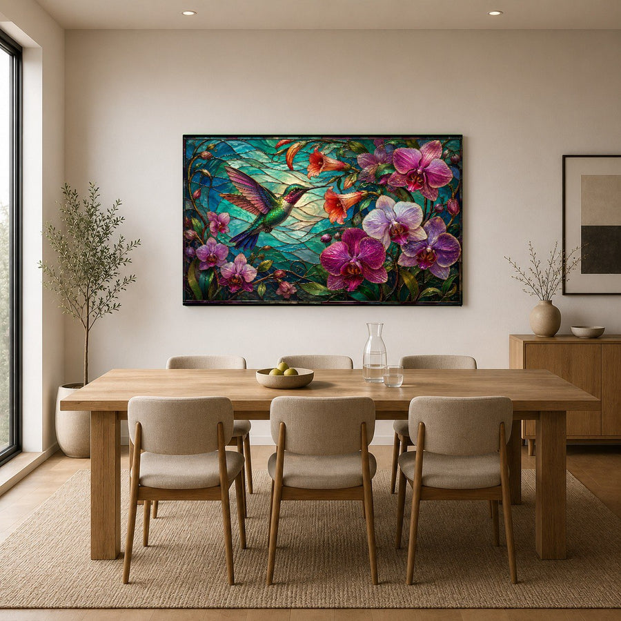 Elegant floral and bird glass artwork mounted over a king-sized bed with botanical-themed pillows.