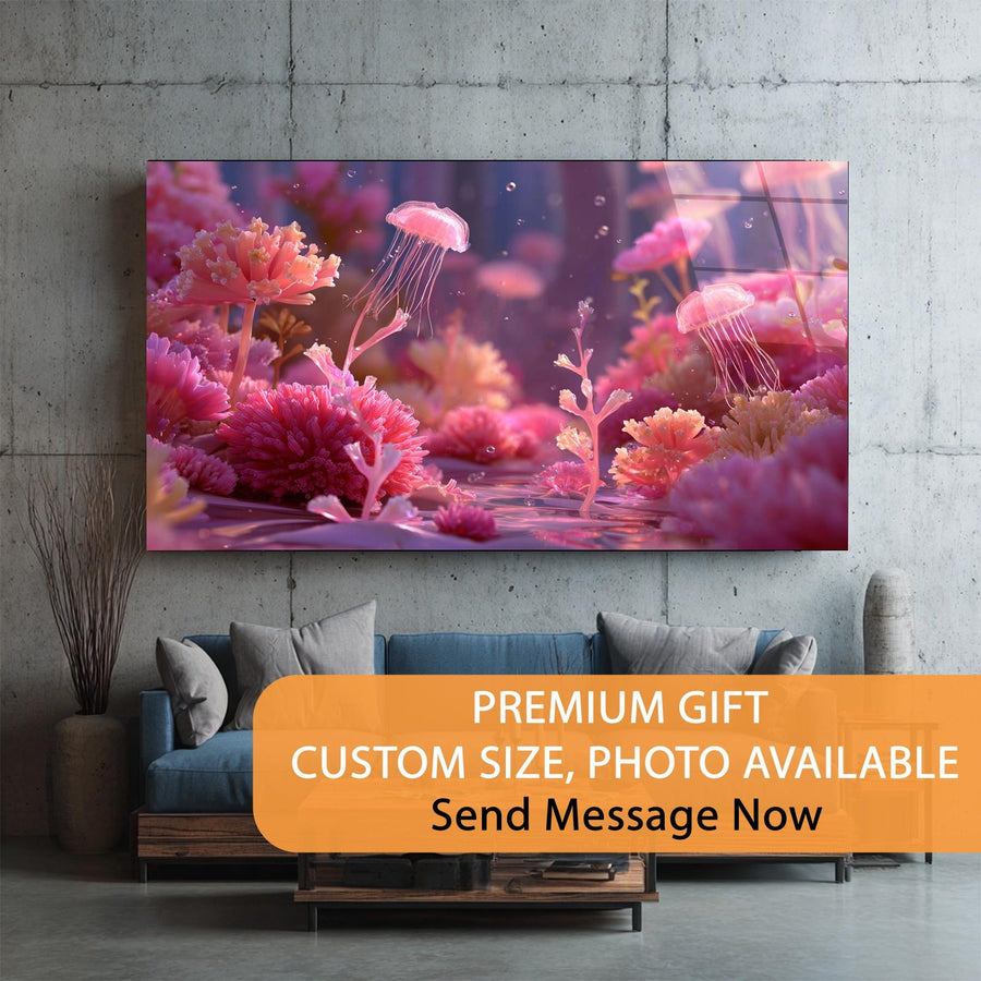 Framed artwork of a colorful underwater scene with jellyfish and coral on a wall above a sofa.