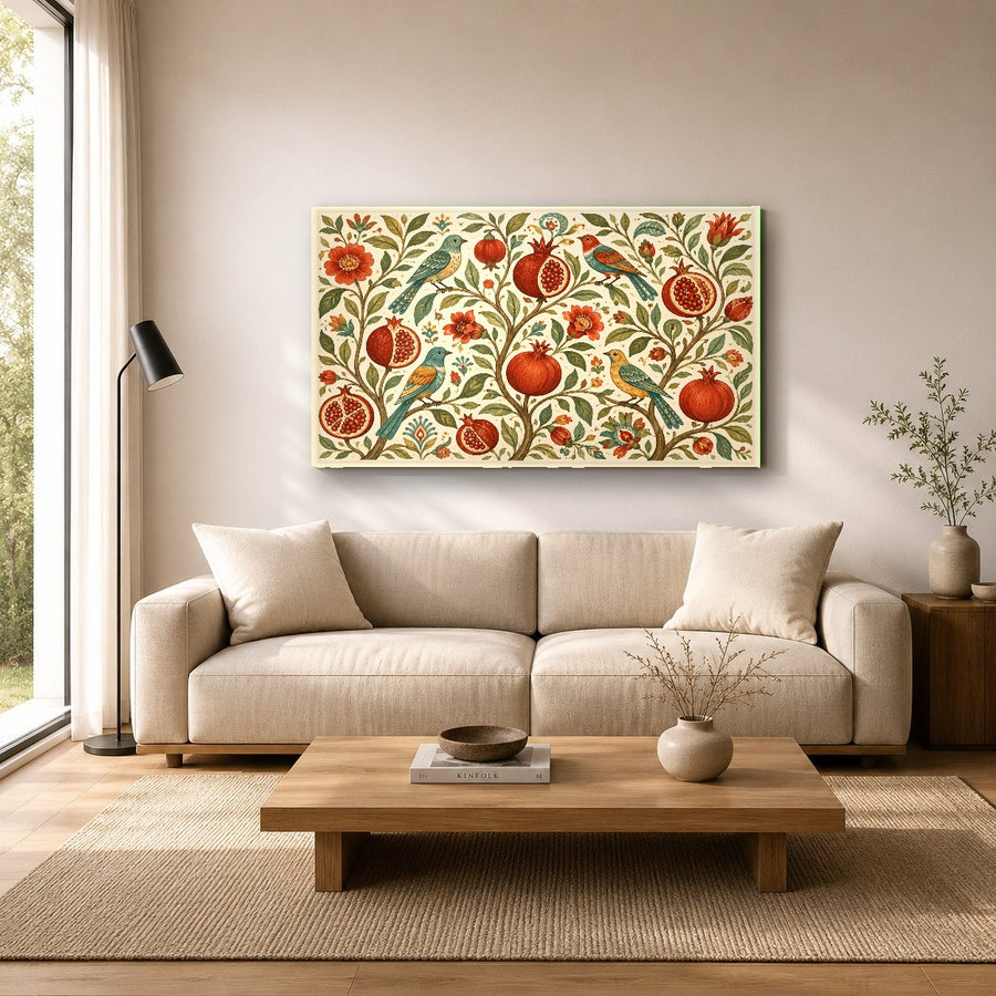 Close-up angle shot of high-gloss fruit wall decor showing luminous color depth