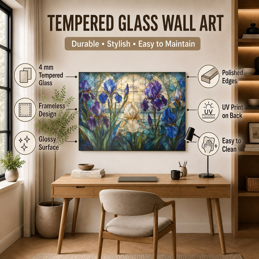 Elegant dining room setup showing the Iris Garden botanical glass print reflecting light from a nearby window.