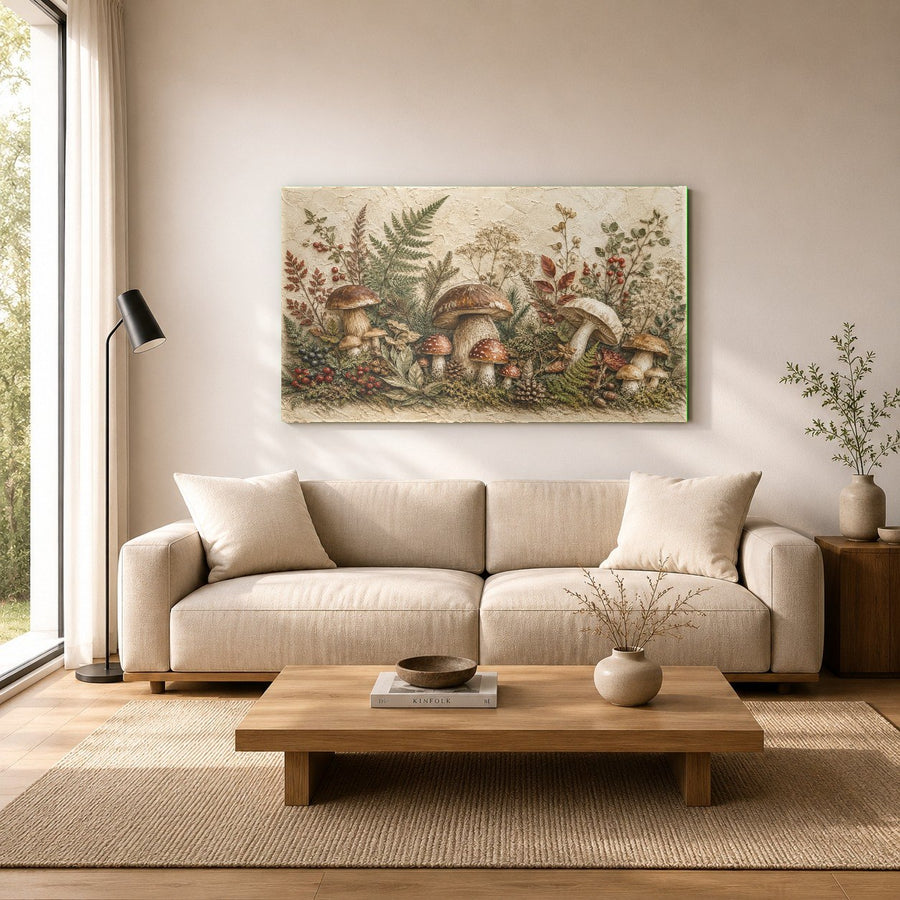 Nature themed glass wall art styled in a minimalist apartment lounge