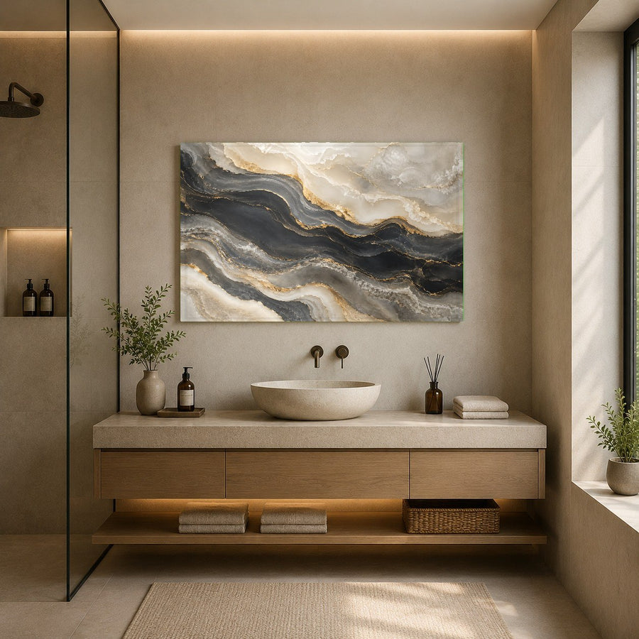 Framed Golden Onyx Glass Wall Art hanging in an upscale spa waiting area