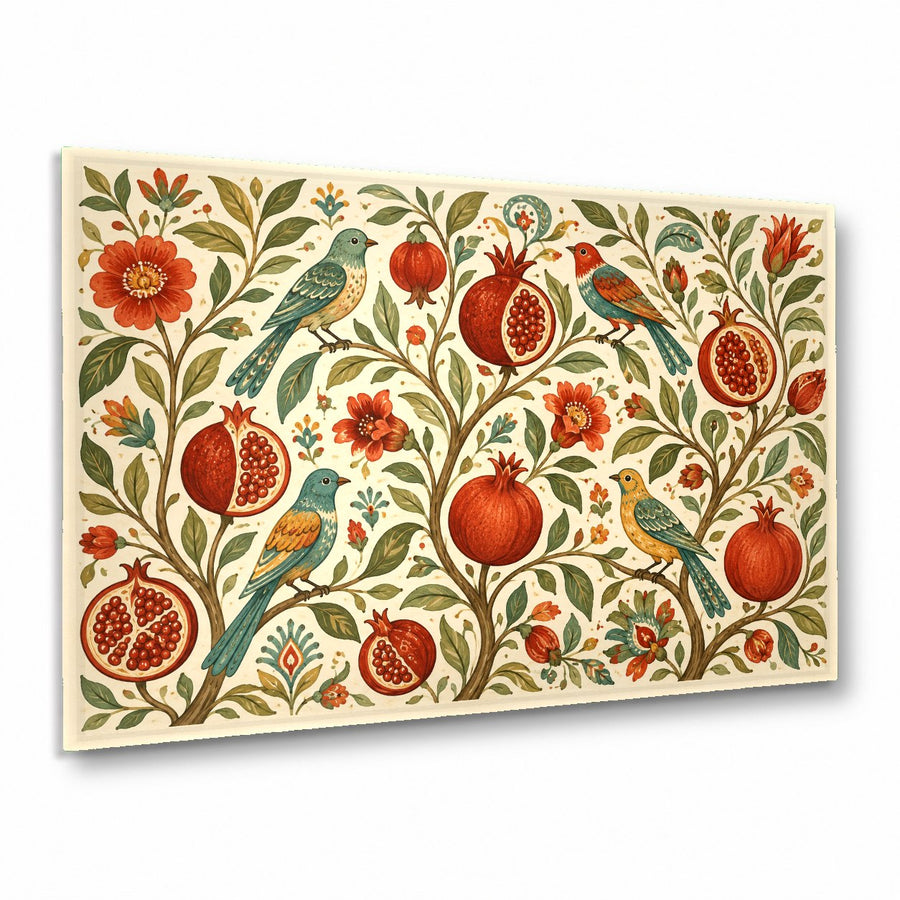 Fresh Fruit Glass Wall Art hanging above a modern kitchen island with pendant lights