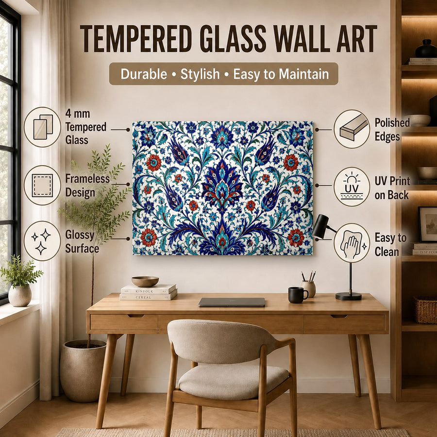 Frameless Turkish tile glass print mounted on a gray wall in a minimalist, modern office waiting room.