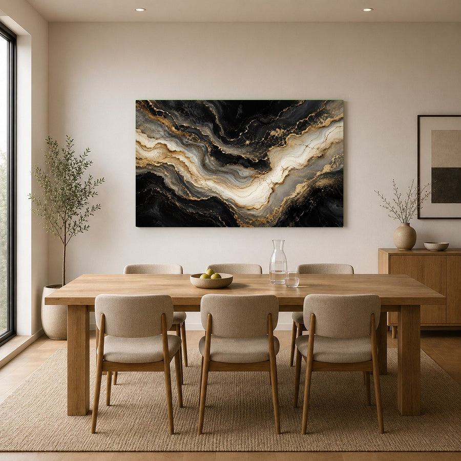 Elegant golden marble glass print styled above a king-sized bed with neutral linens in a contemporary bedroom.