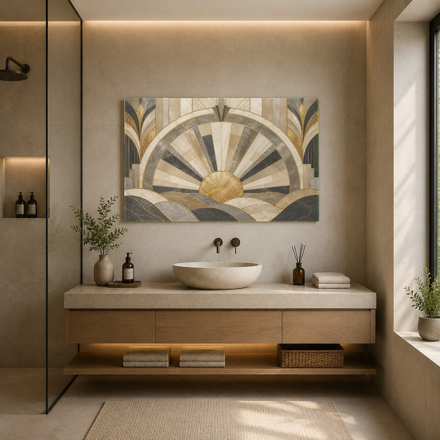 Sophisticated home office featuring abstract gold tempered glass art mounted above a sleek executive desk.