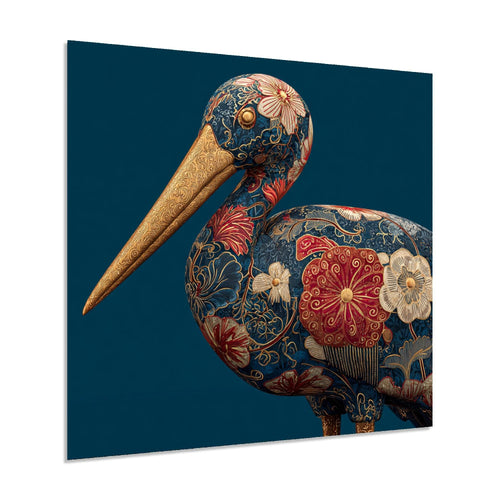 Decorative artwork of a stylized bird with floral patterns on a dark blue background