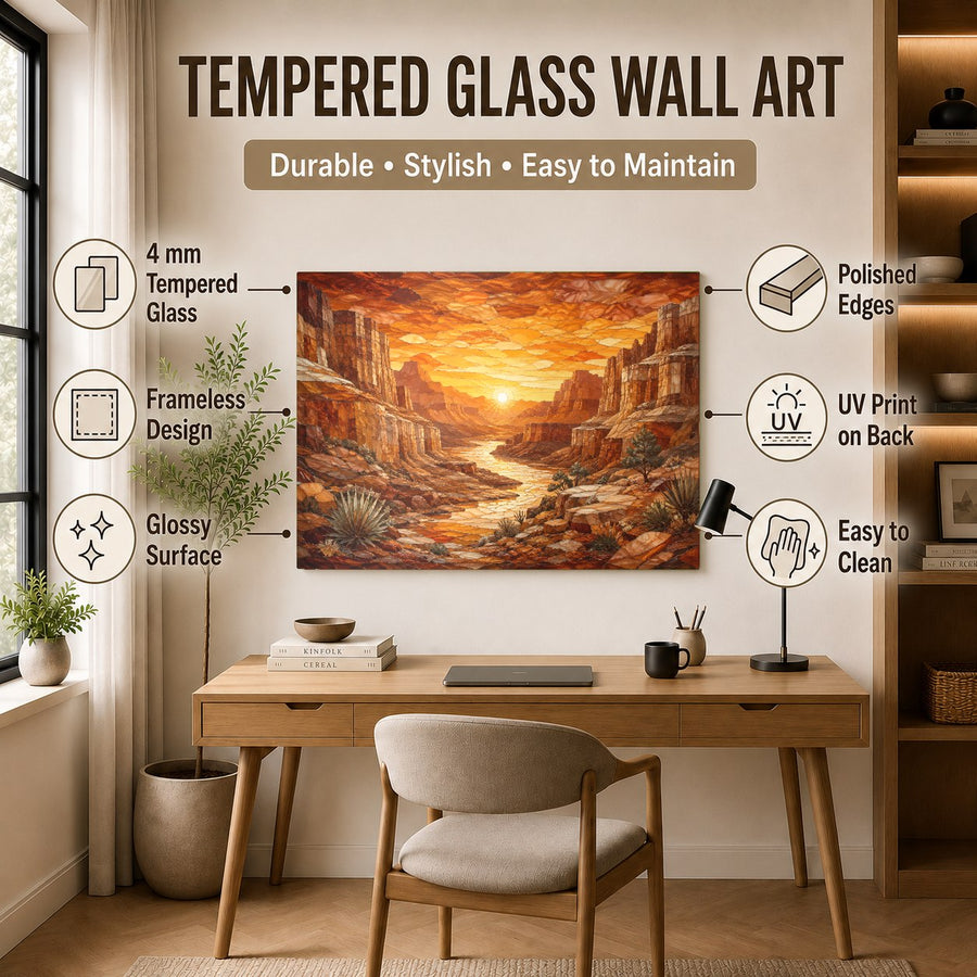 Luxurious hotel lobby decorated with a large, glossy canyon landscape glass print reflecting soft ambient lighting.