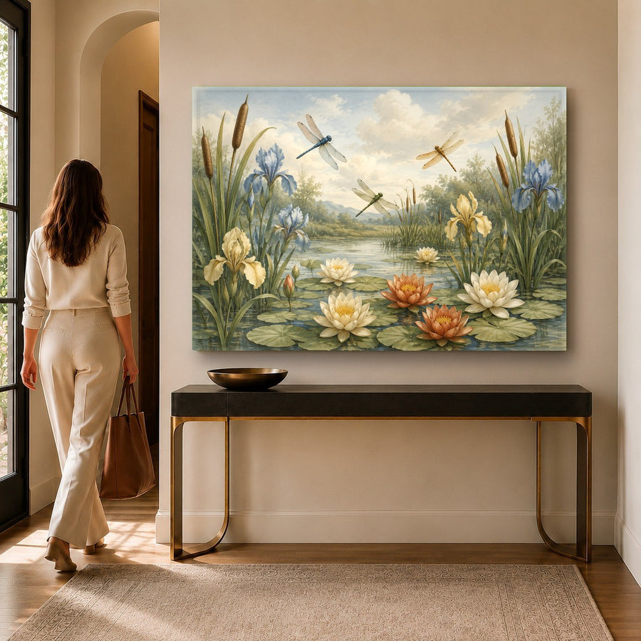 Close-up detail of dragonfly tempered glass wall print in a serene bedroom setting
