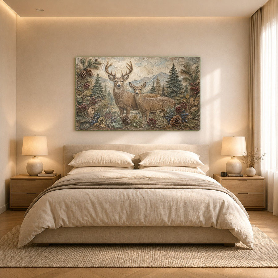 Deer family wall decor displayed in a country-style dining room with warm wood accents