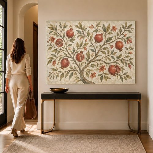 A vibrant Pomegranate Garden glass print hanging on a neutral wall in a modern, sunlit living room.