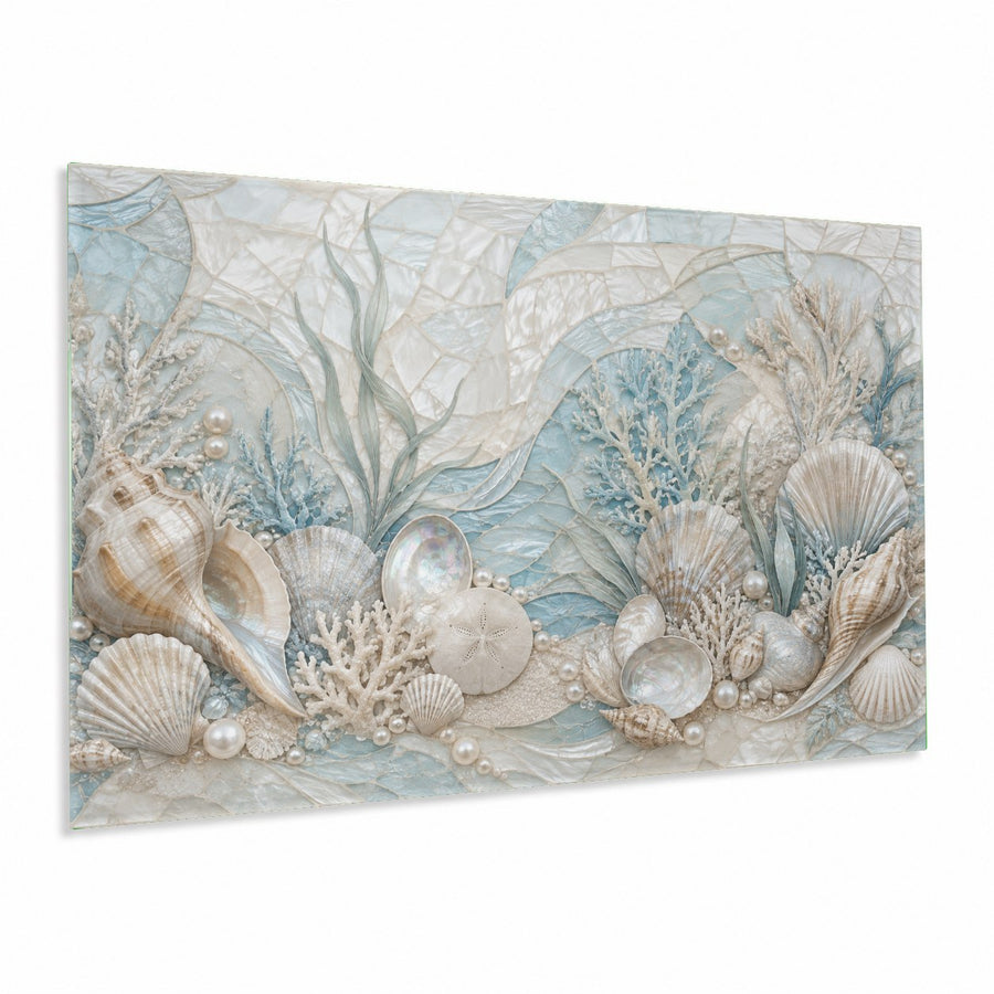 Ocean Pearls glass wall art hanging above a white linen sofa in a bright, coastal-themed living room.