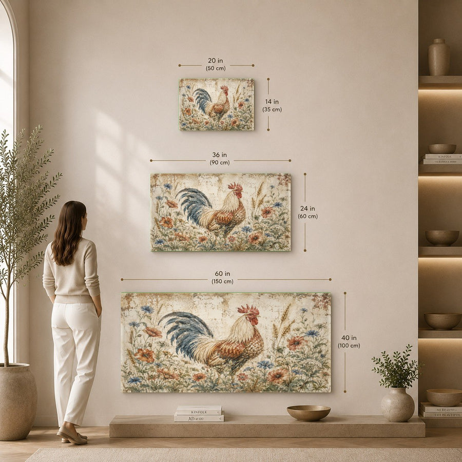 Rooster glass wall art mounted on a neutral-toned wall in a chic boutique hotel breakfast room.