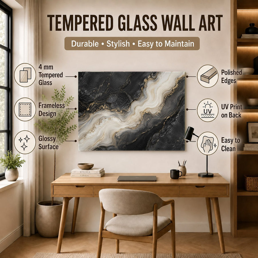 An elegant office lobby featuring the abstract Marble Smoke glass art piece on a dark accent wall.