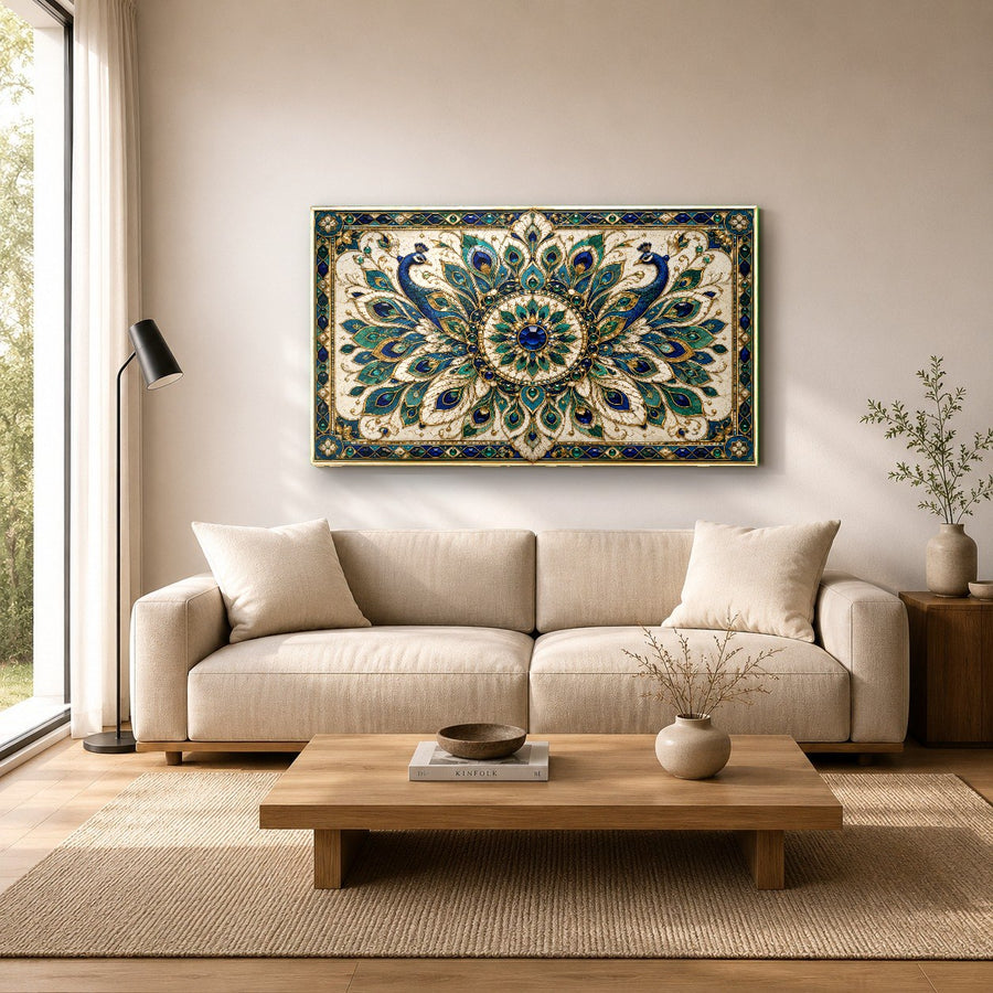 Sacred geometry mandala glass print hanging above a wooden console table