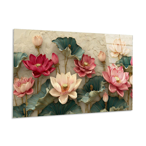 Decorative wall art with stylized lotus flowers on a textured background