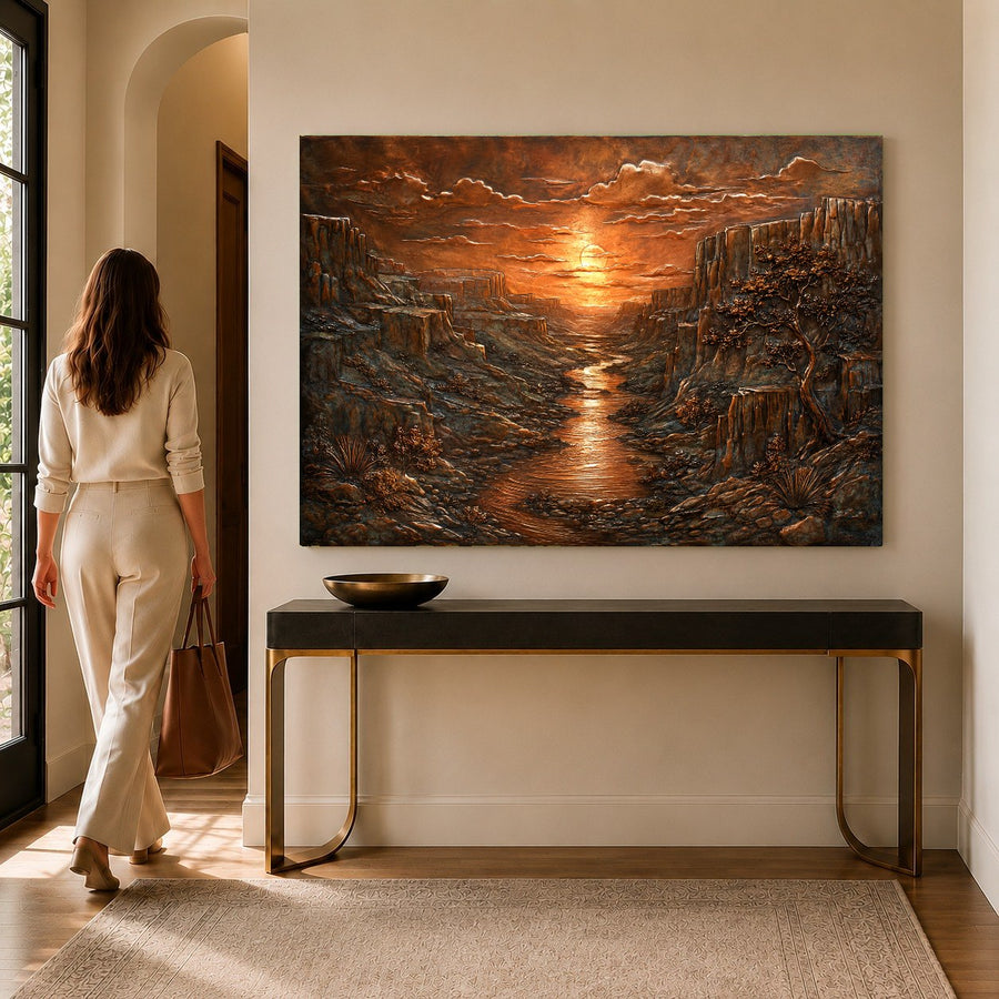 A close-up view of the Copper Canyon tempered glass print catching natural light in a bright desert-themed bedroom.