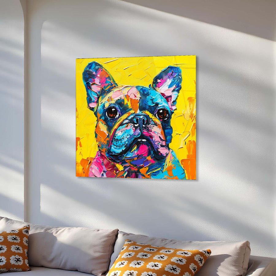 Colorful painting of a dog on a wall above a sofa with patterned cushions.
