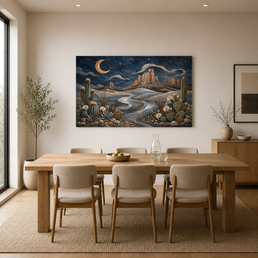 Desert Moon tempered glass wall art hanging in a chic dining room, illuminated by warm overhead pendant lighting.
