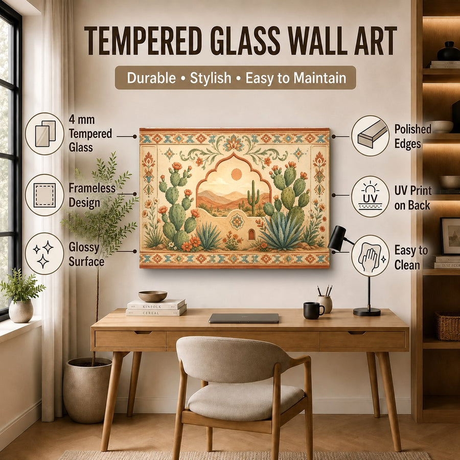 Minimalist desert landscape glass art featured in a bright meditation room