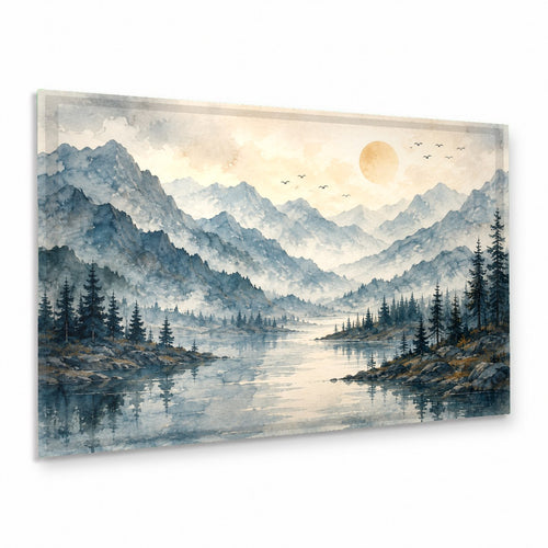 Misty Lake glass wall art hanging above a modern gray sofa in a serene, minimalist living room.