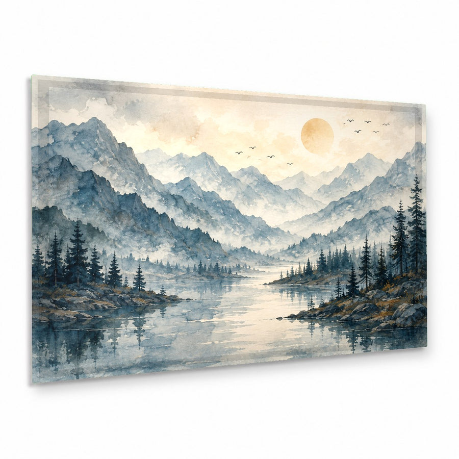 Misty Lake glass wall art hanging above a modern gray sofa in a serene, minimalist living room.