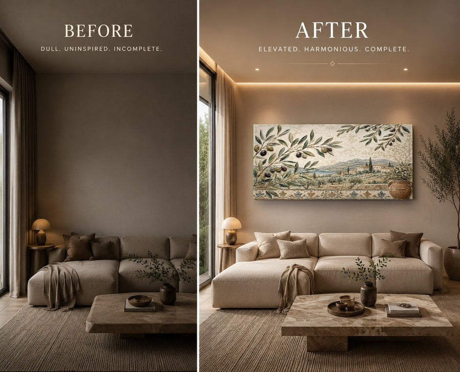 Close-up of olive glass wall art showing high gloss finish in a sunlit dining area