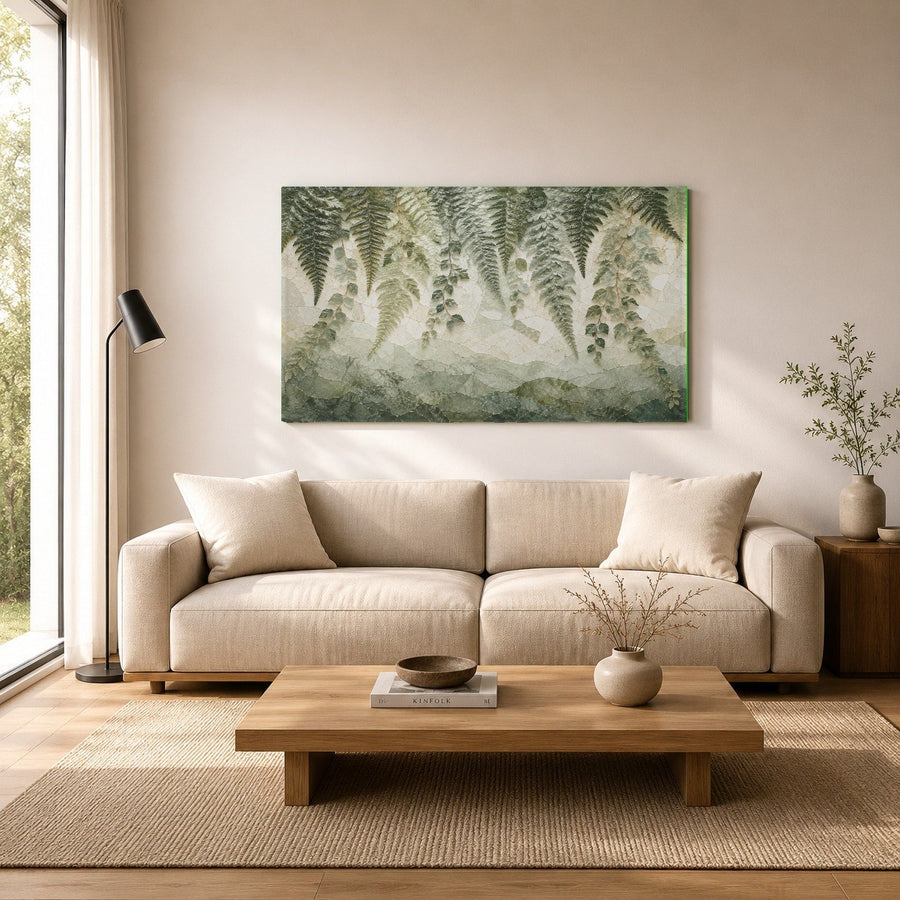 Angled view of a frameless green and blue aurora glass artwork on a textured concrete wall in an urban loft.
