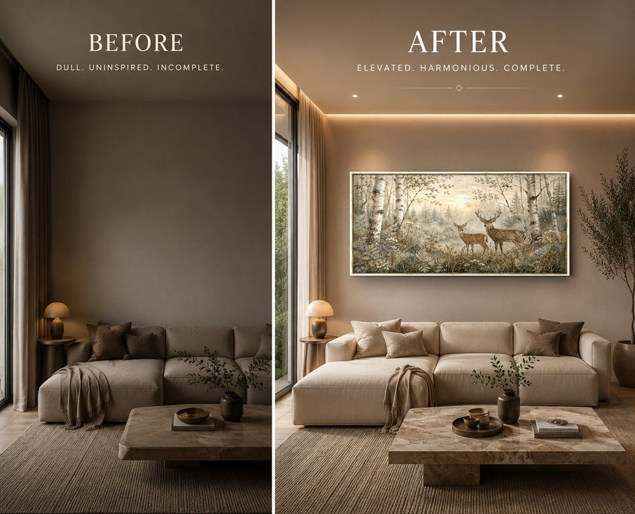 Large deer family wall art displayed in a modern cabin style dining space