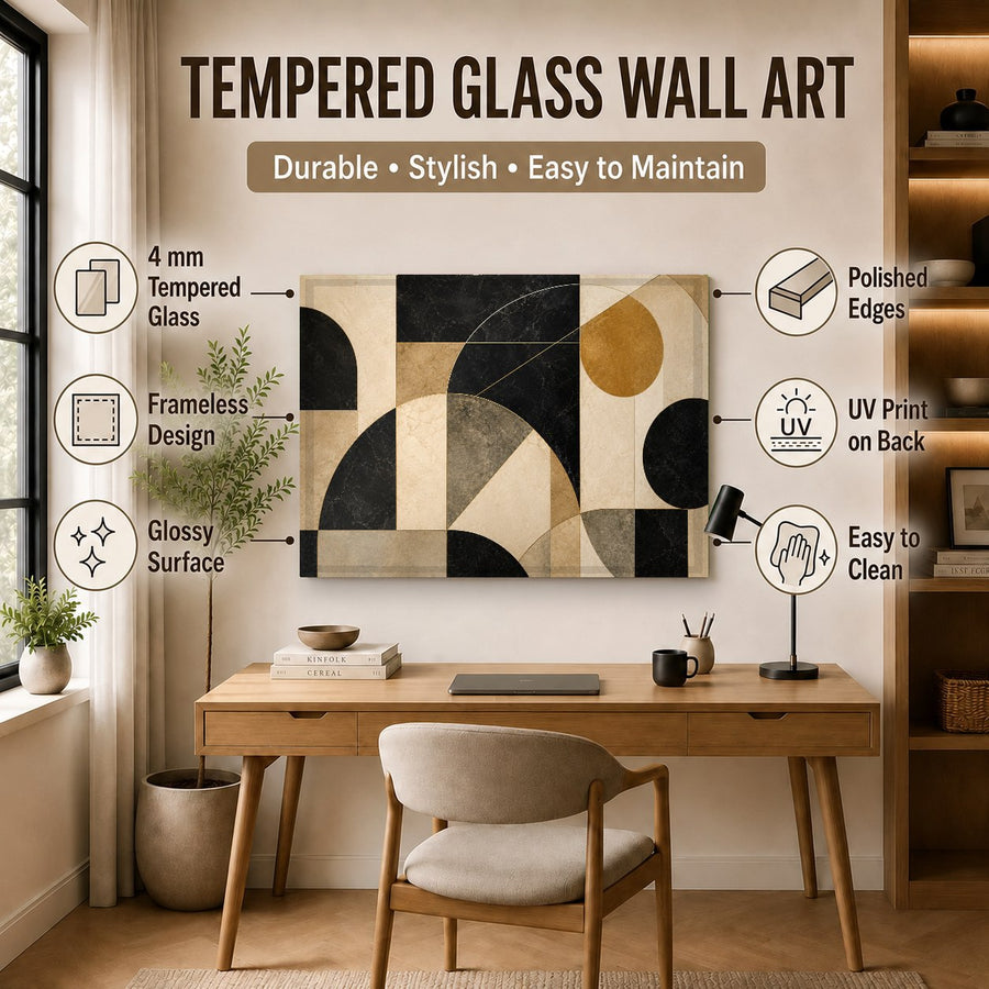 Sleek geometric glass wall hanging perfectly centered over a king-sized bed with neutral linens.