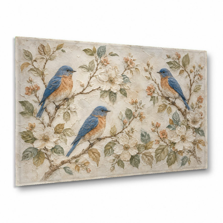 Elegant blue birds glass wall art hanging above a beige sofa in a modern, sunlit living room.