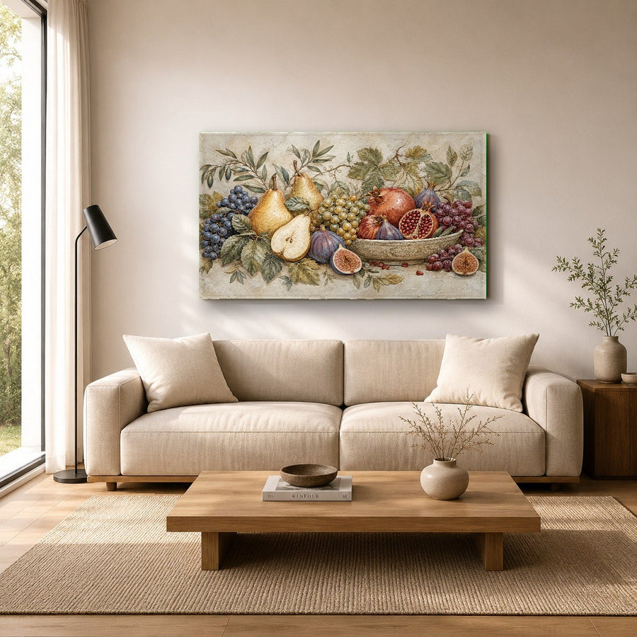 Close-up of high-gloss citrus fruit glass wall art in a brightly lit breakfast nook.