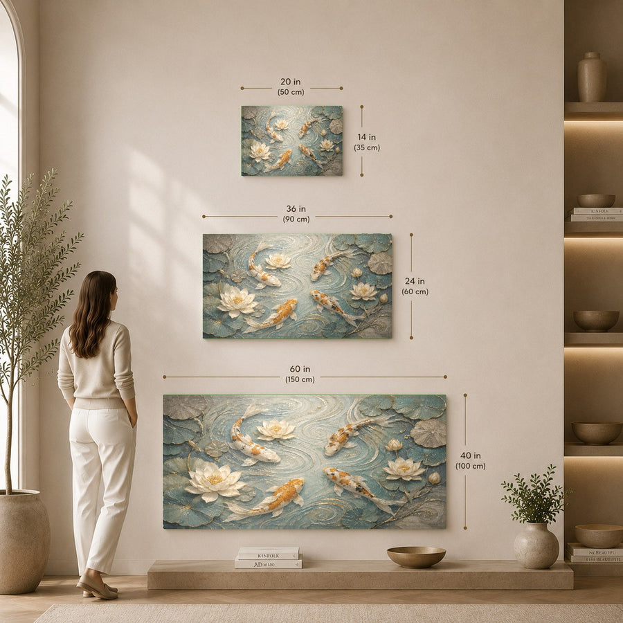 Cozy bedroom wall displaying the Koi Lotus glass print above a wooden bed frame with neutral linens.
