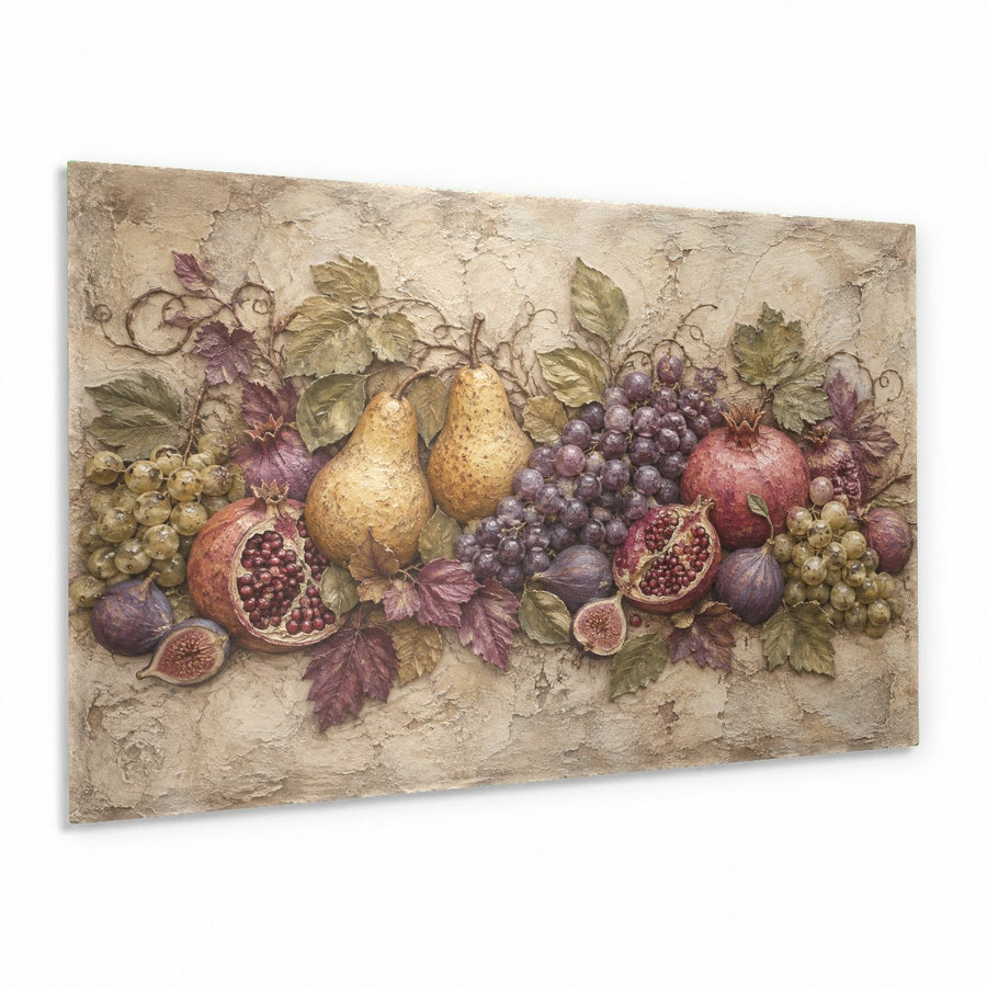 Vibrant fruit glass wall art hanging in a bright modern kitchen interior