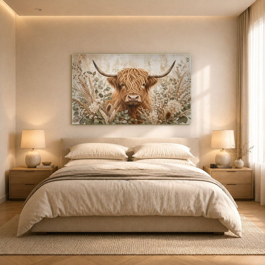 Farmhouse style cow glass wall decor hanging in a contemporary hotel lobby with warm wood paneling.